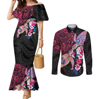 Hawaiian Couple Turtles Honi Couples Matching Mermaid Dress and Long Sleeve Button Shirt Polynesian Art Motifs and Hibiscus Black Red Color LT03 Black - Polynesian Pride