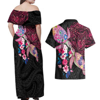 Hawaiian Couple Turtles Honi Couples Matching Off Shoulder Maxi Dress and Hawaiian Shirt Polynesian Art Motifs and Hibiscus Black Red Color LT03 - Polynesian Pride