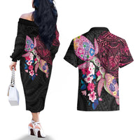 Hawaiian Couple Turtles Honi Couples Matching Off The Shoulder Long Sleeve Dress and Hawaiian Shirt Polynesian Art Motifs and Hibiscus Black Red Color LT03 - Polynesian Pride