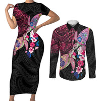 Hawaiian Couple Turtles Honi Couples Matching Short Sleeve Bodycon Dress and Long Sleeve Button Shirt Polynesian Art Motifs and Hibiscus Black Red Color LT03 Black - Polynesian Pride