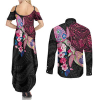 Hawaiian Couple Turtles Honi Couples Matching Summer Maxi Dress and Long Sleeve Button Shirt Polynesian Art Motifs and Hibiscus Black Red Color LT03 - Polynesian Pride