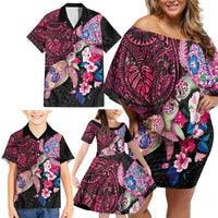 Hawaiian Couple Turtles Honi Family Matching Off Shoulder Short Dress and Hawaiian Shirt Polynesian Art Motifs and Hibiscus Black Red Color LT03 - Polynesian Pride