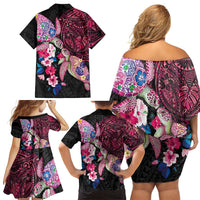 Hawaiian Couple Turtles Honi Family Matching Off Shoulder Short Dress and Hawaiian Shirt Polynesian Art Motifs and Hibiscus Black Red Color LT03 - Polynesian Pride