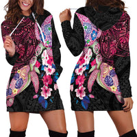 Hawaiian Couple Turtles Honi Hoodie Dress Polynesian Art Motifs and Hibiscus Black Red Color LT03 - Polynesian Pride