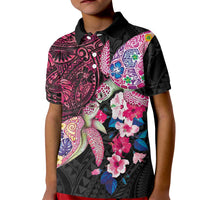 Hawaiian Couple Turtles Honi Kid Polo Shirt Polynesian Art Motifs and Hibiscus Black Red Color LT03 Kid Black - Polynesian Pride
