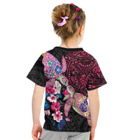 Hawaiian Couple Turtles Honi Kid T Shirt Polynesian Art Motifs and Hibiscus Black Red Color LT03 - Polynesian Pride