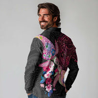 Hawaiian Couple Turtles Honi Long Sleeve Polo Shirt Polynesian Art Motifs and Hibiscus Black Red Color LT03 - Polynesian Pride