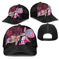 Hawaiian Couple Turtles Honi Mesh Trucker Cap Polynesian Art Motifs and Hibiscus Black Red Color - Polynesian Pride