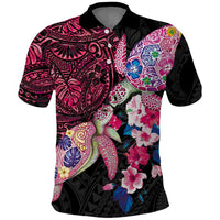 Hawaiian Couple Turtles Honi Polo Shirt Polynesian Art Motifs and Hibiscus Black Red Color LT03 Black - Polynesian Pride