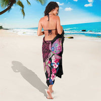 Hawaiian Couple Turtles Honi Sarong Polynesian Art Motifs and Hibiscus Black Red Color - Polynesian Pride