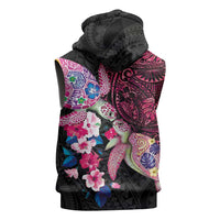 Hawaiian Couple Turtles Honi Sleeveless Hoodie Polynesian Art Motifs and Hibiscus Black Red Color LT03 - Polynesian Pride