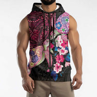 Hawaiian Couple Turtles Honi Sleeveless Zip Hoodie Polynesian Art Motifs and Hibiscus Black Red Color LT03 - Polynesian Pride