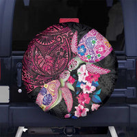 Hawaiian Couple Turtles Honi Spare Tire Cover Polynesian Art Motifs and Hibiscus Black Red Color LT03 No hole Black - Polynesian Pride
