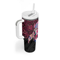 Hawaiian Couple Turtles Honi Tumbler With Handle Polynesian Art Motifs and Hibiscus Black Red Color LT03 - Polynesian Pride