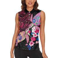 Hawaiian Couple Turtles Honi Women Sleeveless Polo Shirt Polynesian Art Motifs and Hibiscus Black Red Color LT03 - Polynesian Pride