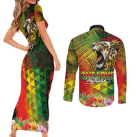 Hawaiian Reggae Couples Matching Short Sleeve Bodycon Dress and Long Sleeve Button Shirt Jawaiian One Love-Tribal Tatoos and Rastafari Lion LT03 - Polynesian Pride