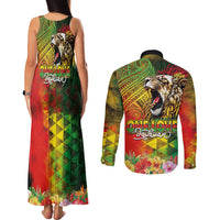 Hawaiian Reggae Couples Matching Tank Maxi Dress and Long Sleeve Button Shirt Jawaiian One Love-Tribal Tatoos and Rastafari Lion LT03 - Polynesian Pride