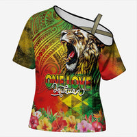 Hawaiian Reggae Cross Shoulder Shirt Jawaiian One Love-Tribal Tatoos and Rastafari Lion LT03 Female Multicolor - Polynesian Pride