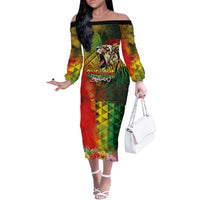 Hawaiian Reggae Off The Shoulder Long Sleeve Dress Jawaiian One Love-Tribal Tatoos and Rastafari Lion LT03 Women Multicolor - Polynesian Pride
