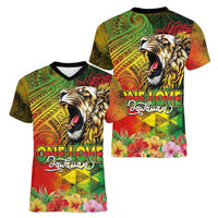 Hawaiian Reggae Women V-Neck T-Shirt Jawaiian One Love-Tribal Tatoos and Rastafari Lion LT03 - Polynesian Pride