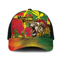 Hawaiian Reggae Baseball Net Cap Kakau Art Motifs with Ohia Lehua and Rastafari Lion - Polynesian Pride