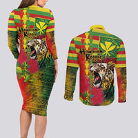 Hawaiian Reggae Couples Matching Long Sleeve Bodycon Dress and Long Sleeve Button Shirt Kakau Art Motifs with Ohia Lehua and Rastafari Lion LT03 - Polynesian Pride