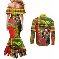Hawaiian Reggae Couples Matching Mermaid Dress and Long Sleeve Button Shirt Kakau Art Motifs with Ohia Lehua and Rastafari Lion LT03 - Polynesian Pride