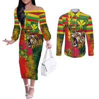Hawaiian Reggae Couples Matching Off The Shoulder Long Sleeve Dress and Long Sleeve Button Shirt Kakau Art Motifs with Ohia Lehua and Rastafari Lion LT03 Multicolor - Polynesian Pride
