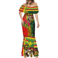 Hawaiian Reggae Mermaid Dress Kakau Art Motifs with Ohia Lehua and Rastafari Lion LT03 - Polynesian Pride