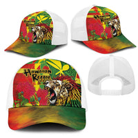 Hawaiian Reggae Mesh Trucker Cap Kakau Art Motifs with Ohia Lehua and Rastafari Lion - Polynesian Pride