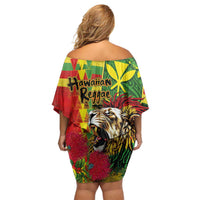 Hawaiian Reggae Off Shoulder Short Dress Kakau Art Motifs with Ohia Lehua and Rastafari Lion LT03 - Polynesian Pride