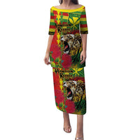 Hawaiian Reggae Puletasi Kakau Art Motifs with Ohia Lehua and Rastafari Lion - Polynesian Pride
