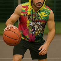 Hawaiian Reggae Sleeveless Zip Hoodie Kakau Art Motifs with Ohia Lehua and Rastafari Lion LT03 - Polynesian Pride