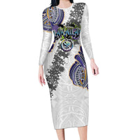 Traditional Art Hawaiian Kakau Tattoos Family Matching Long Sleeve Bodycon Dress and Hawaiian Shirt Graffiti Style LT03 Mom's Dress White - Polynesian Pride