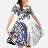 Traditional Art Hawaiian Kakau Tattoos Family Matching Off Shoulder Short Dress and Hawaiian Shirt Graffiti Style LT03 Daughter's Dress White - Polynesian Pride