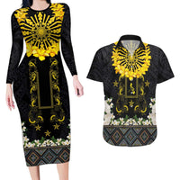 Flores de Mayo and Filipino Fiesta Couples Matching Long Sleeve Bodycon Dress and Hawaiian Shirt The Sun-Jasmine and Polynesian Yakan Tattoo Barong Style LT03 Black - Polynesian Pride