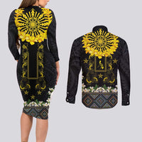 Flores de Mayo and Filipino Fiesta Couples Matching Long Sleeve Bodycon Dress and Long Sleeve Button Shirt The Sun-Jasmine and Polynesian Yakan Tattoo Barong Style LT03 - Polynesian Pride