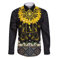 Flores de Mayo and Filipino Fiesta Family Matching Long Sleeve Bodycon Dress and Hawaiian Shirt The Sun-Jasmine and Polynesian Yakan Tattoo Barong Style LT03 Dad's Shirt - Long Sleeve Black - Polynesian Pride