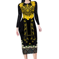 Flores de Mayo and Filipino Fiesta Family Matching Long Sleeve Bodycon Dress and Hawaiian Shirt The Sun-Jasmine and Polynesian Yakan Tattoo Barong Style LT03 Mom's Dress Black - Polynesian Pride