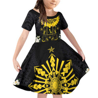 Flores de Mayo and Filipino Fiesta Family Matching Off Shoulder Short Dress and Hawaiian Shirt The Sun-Jasmine and Polynesian Yakan Tattoo Barong Style LT03 Daughter's Dress Black - Polynesian Pride