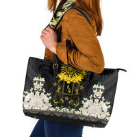 Flores de Mayo and Filipino Fiesta Leather Tote Bag The Sun-Jasmine and Polynesian Yakan Tattoo Barong Style LT03 Black - Polynesian Pride
