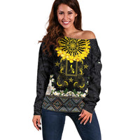 Flores de Mayo and Filipino Fiesta Off Shoulder Sweater The Sun-Jasmine and Polynesian Yakan Tattoo Barong Style LT03 Women Black - Polynesian Pride