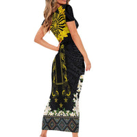 Flores de Mayo and Filipino Fiesta Short Sleeve Bodycon Dress The Sun-Jasmine and Polynesian Yakan Tattoo Barong Style LT03 - Polynesian Pride