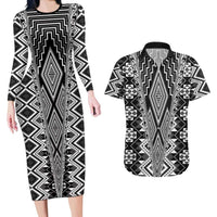 Aotearoa Tukutuku and Poutama Motif Classic Couples Matching Long Sleeve Bodycon Dress and Hawaiian Shirt LT03 Gray - Polynesian Pride