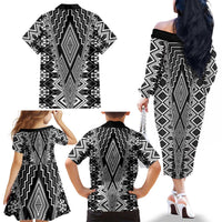 Aotearoa Tukutuku and Poutama Motif Classic Family Matching Off The Shoulder Long Sleeve Dress and Hawaiian Shirt LT03 - Polynesian Pride