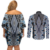 Blue Aotearoa Tukutuku and Poutama Motif Couples Matching Off Shoulder Short Dress and Long Sleeve Button Shirt