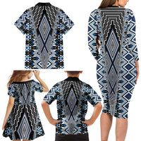 Blue Aotearoa Tukutuku and Poutama Motif Family Matching Long Sleeve Bodycon Dress and Hawaiian Shirt LT03 - Polynesian Pride