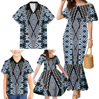 Blue Aotearoa Tukutuku and Poutama Motif Family Matching Mermaid Dress and Hawaiian Shirt LT03 - Polynesian Pride