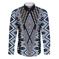 Blue Aotearoa Tukutuku and Poutama Motif Family Matching Off The Shoulder Long Sleeve Dress and Hawaiian Shirt LT03 Dad's Shirt - Long Sleeve Blue - Polynesian Pride