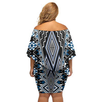 Blue Aotearoa Tukutuku and Poutama Motif Family Matching Off Shoulder Short Dress and Hawaiian Shirt LT03 - Polynesian Pride